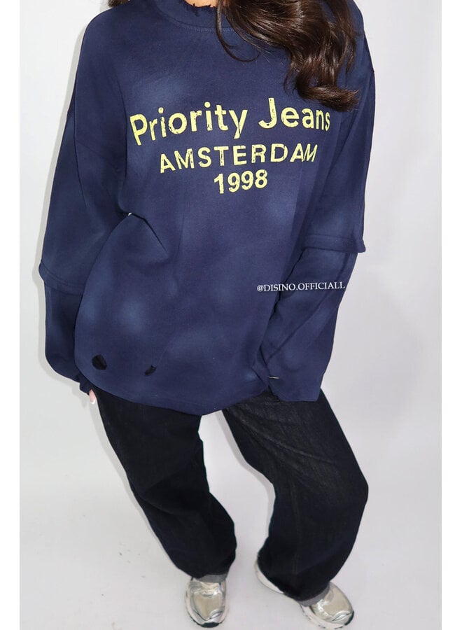 NAVY BLUE - 'DESTROYED LONGSLEEVE' - OVERSIZED PRIORITY AMSTERDAM LONGSLEEVE