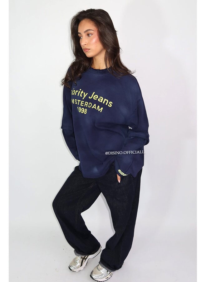 NAVY BLUE - 'DESTROYED LONGSLEEVE' - OVERSIZED PRIORITY AMSTERDAM LONGSLEEVE