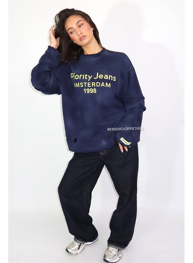 NAVY BLUE - 'DESTROYED LONGSLEEVE' - OVERSIZED PRIORITY AMSTERDAM LONGSLEEVE