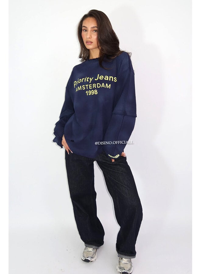 NAVY BLUE - 'DESTROYED LONGSLEEVE' - OVERSIZED PRIORITY AMSTERDAM LONGSLEEVE