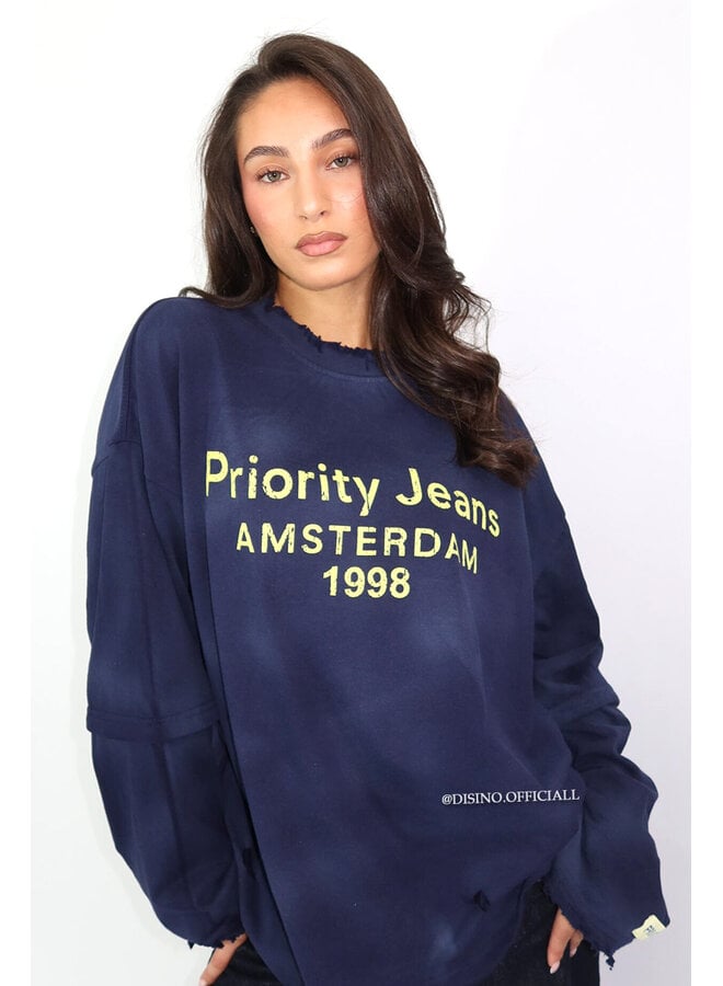NAVY BLUE - 'DESTROYED LONGSLEEVE' - OVERSIZED PRIORITY AMSTERDAM LONGSLEEVE