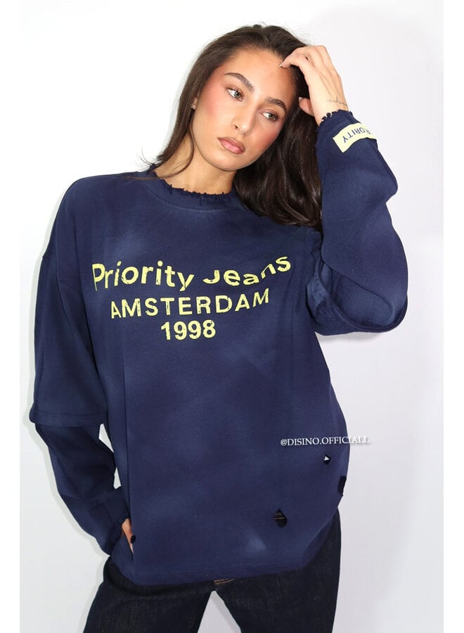 NAVY BLUE - 'DESTROYED LONGSLEEVE' - OVERSIZED PRIORITY AMSTERDAM LONGSLEEVE