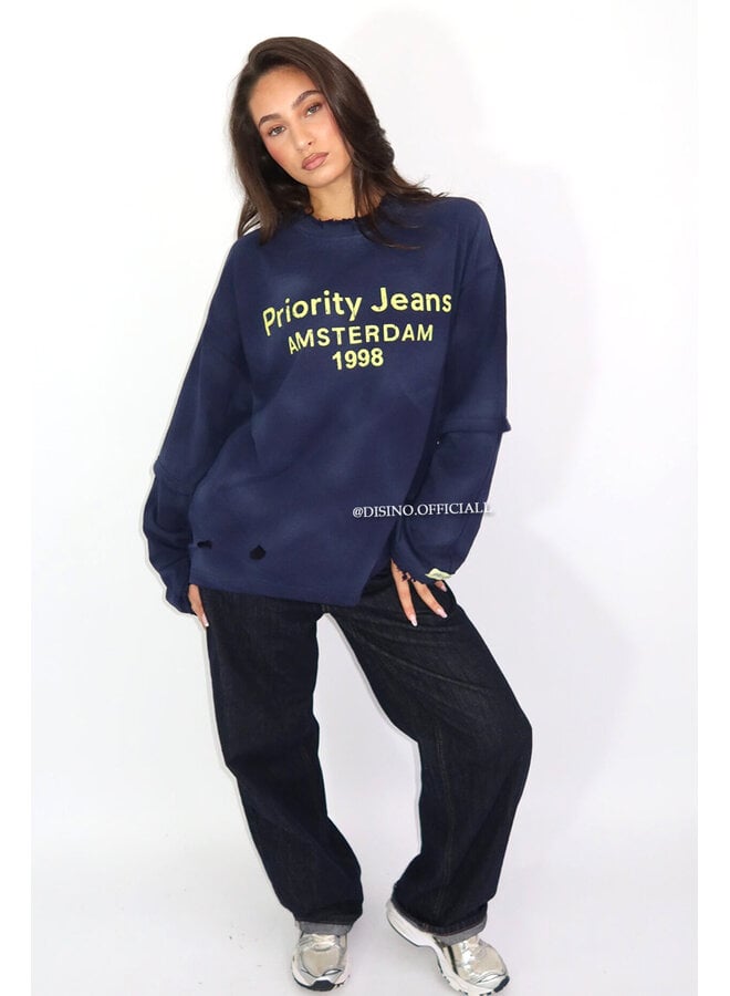 NAVY BLUE - 'DESTROYED LONGSLEEVE' - OVERSIZED PRIORITY AMSTERDAM LONGSLEEVE