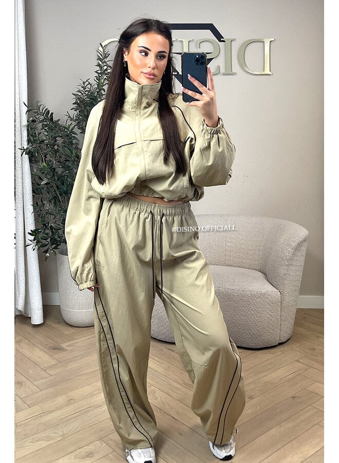 BEIGE - 'JADA SET' - PREMIUM QUALITY STRIPING  WINDBREAKER JACKET + JOGGER SET