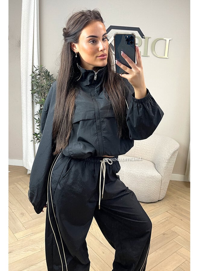 BLACK - 'JADA SET' - PREMIUM QUALITY STRIPING  WINDBREAKER JACKET + JOGGER SET