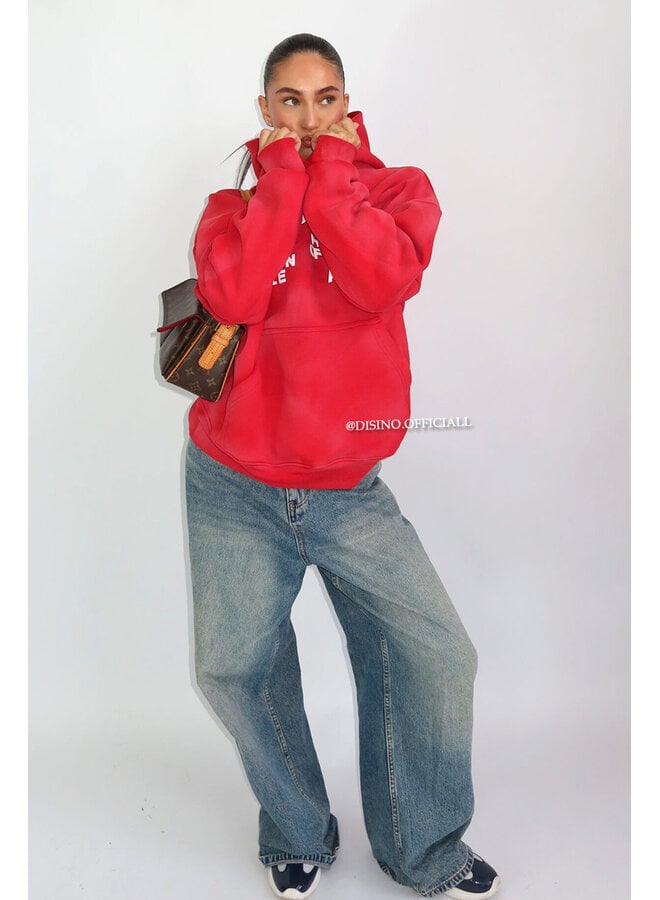 RED - 'AMS-LDN’ HOODIE – SUN FADED PREMIUM QUALITY HOODIE