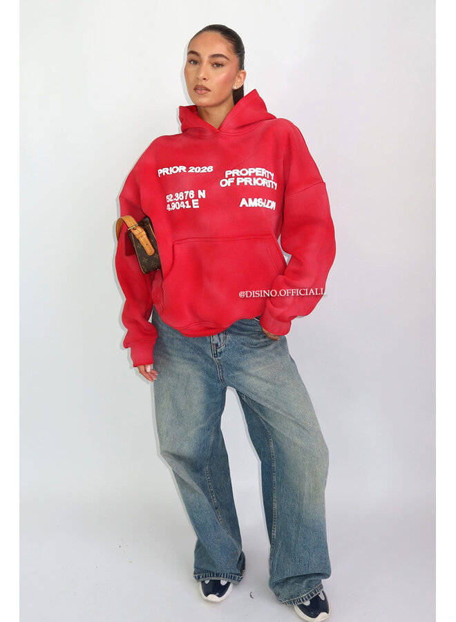 RED - 'AMS-LDN’ HOODIE – SUN FADED PREMIUM QUALITY HOODIE