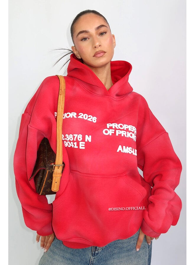 RED - 'AMS-LDN’ HOODIE – SUN FADED PREMIUM QUALITY HOODIE