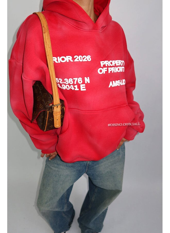 RED - 'AMS-LDN’ HOODIE – SUN FADED PREMIUM QUALITY HOODIE