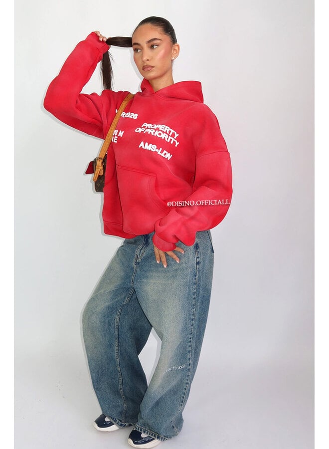 RED - 'AMS-LDN’ HOODIE – SUN FADED PREMIUM QUALITY HOODIE
