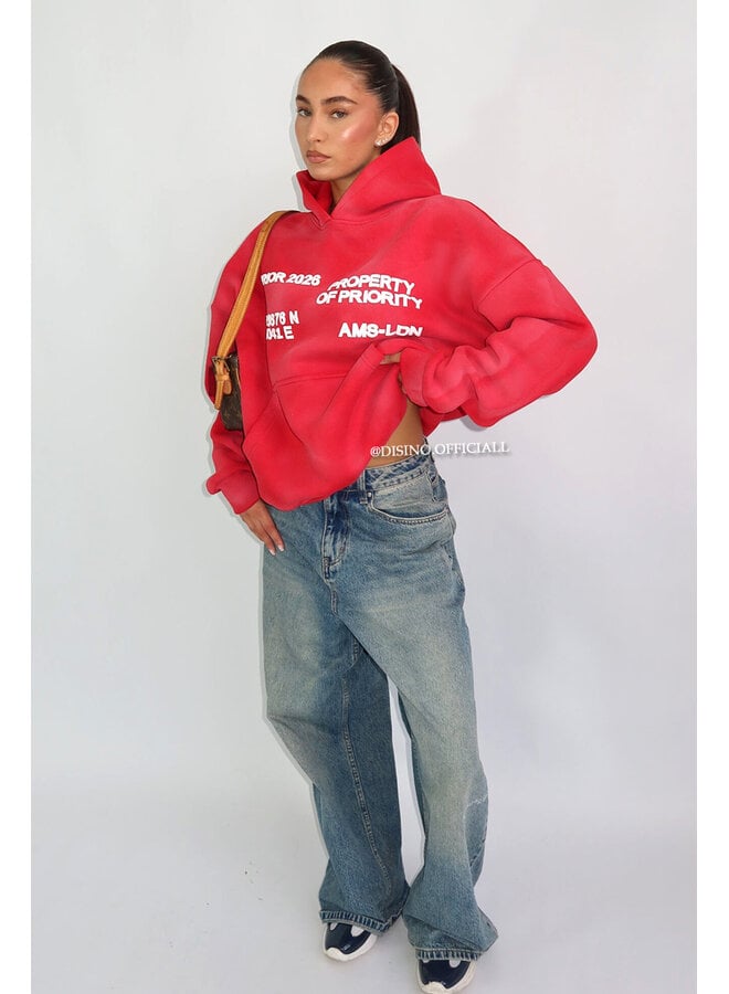 RED - 'AMS-LDN’ HOODIE – SUN FADED PREMIUM QUALITY HOODIE