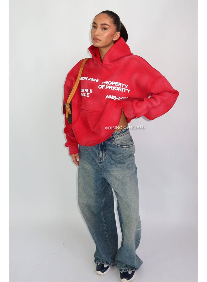 RED - 'AMS-LDN’ HOODIE – SUN FADED PREMIUM QUALITY HOODIE