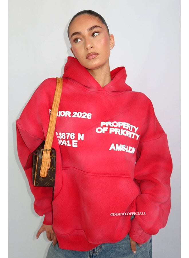 RED - 'AMS-LDN’ HOODIE – SUN FADED PREMIUM QUALITY HOODIE
