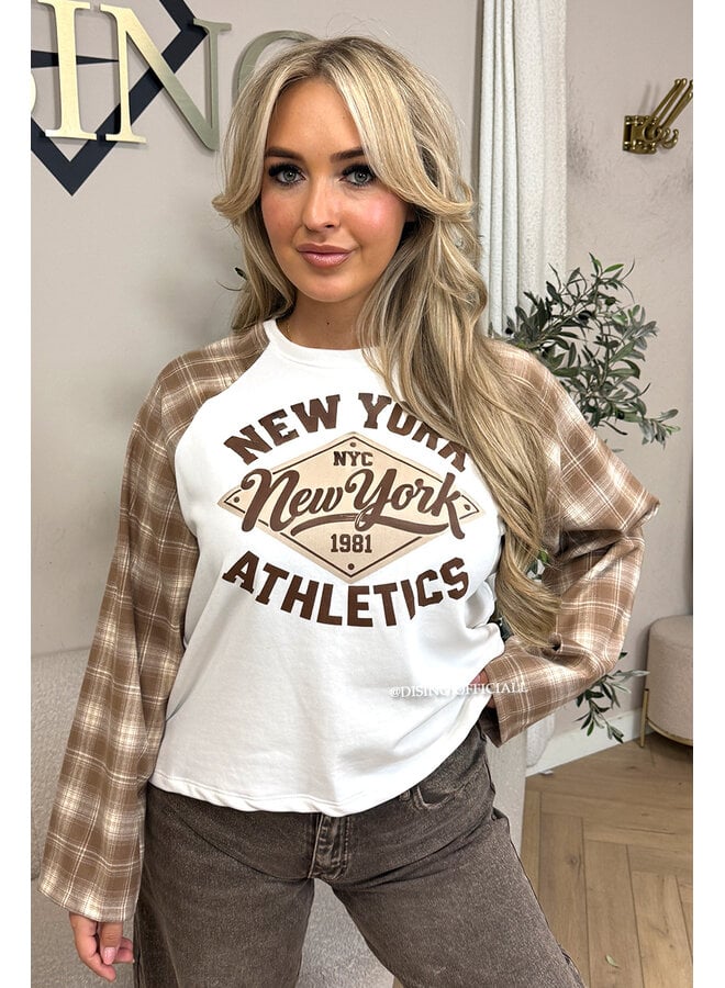 BEIGE - 'NEW YORK ATHLETICS' - OVERSIZED CHECKED SLEEVES LONGSLEEVE SWEATER