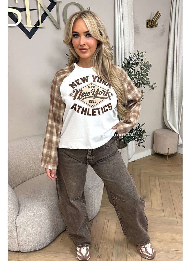 BEIGE - 'NEW YORK ATHLETICS' - OVERSIZED CHECKED SLEEVES LONGSLEEVE SWEATER