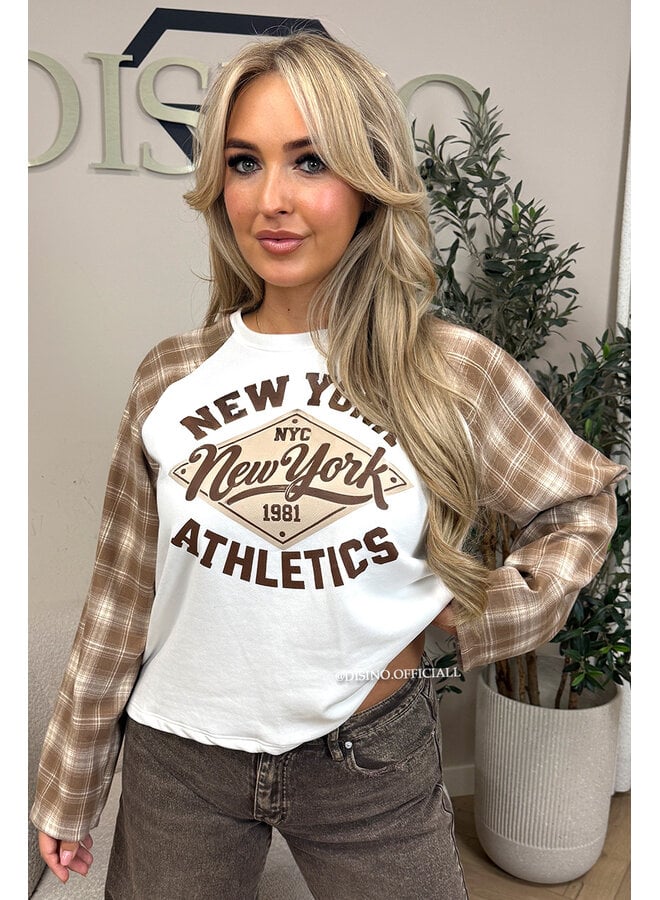 BEIGE - 'NEW YORK ATHLETICS' - OVERSIZED CHECKED SLEEVES LONGSLEEVE SWEATER