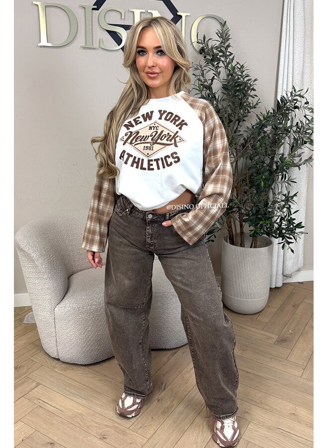 BEIGE - 'NEW YORK ATHLETICS' - OVERSIZED CHECKED SLEEVES LONGSLEEVE SWEATER