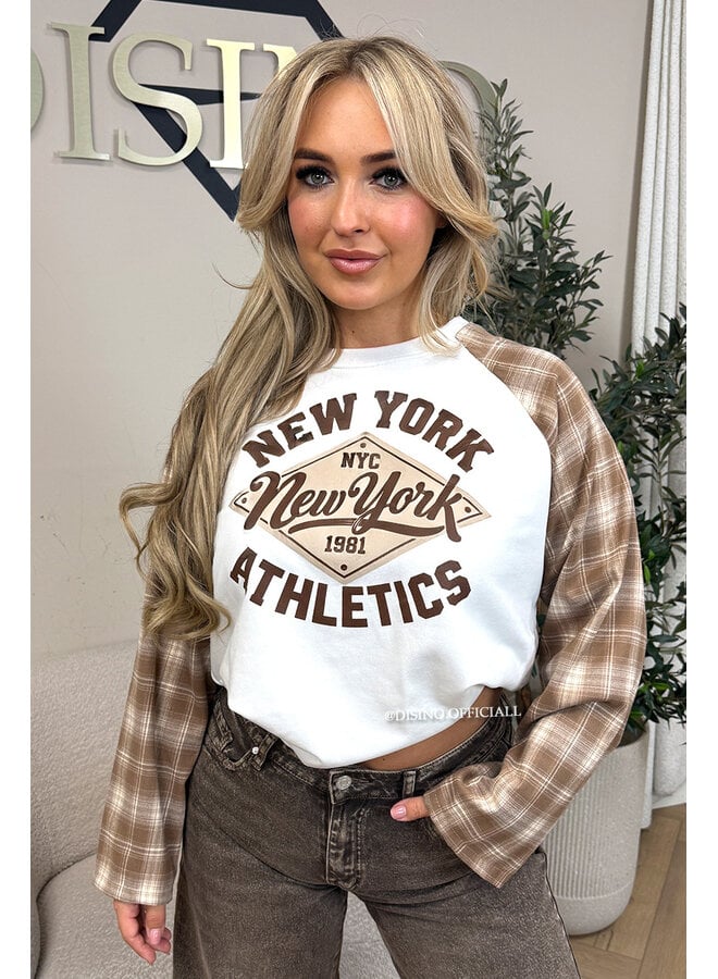 BEIGE - 'NEW YORK ATHLETICS' - OVERSIZED CHECKED SLEEVES LONGSLEEVE SWEATER