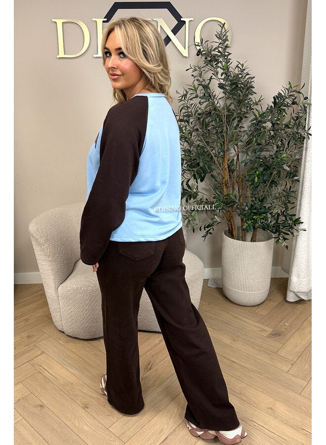 BLUE/CHOCO - 'KENDRA SWEATER' - CALIFORNIA RAGLAN SWEATER