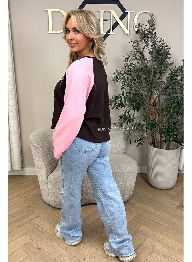 PINK/CHOCO - 'KENDRA SWEATER' - CALIFORNIA RAGLAN SWEATER