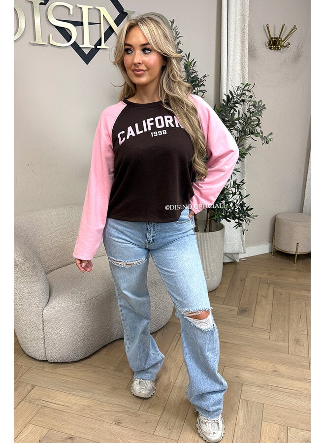 PINK/CHOCO - 'KENDRA SWEATER' - CALIFORNIA RAGLAN SWEATER