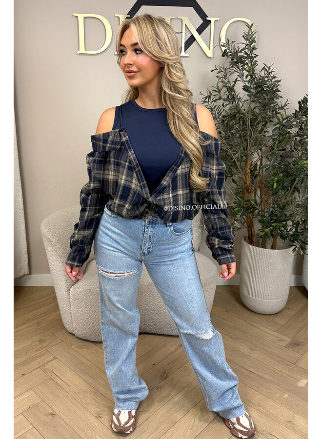 NAVY BLUE – ‘DEVYN TOP’ – CHECKED COLD SHOULDER TOP