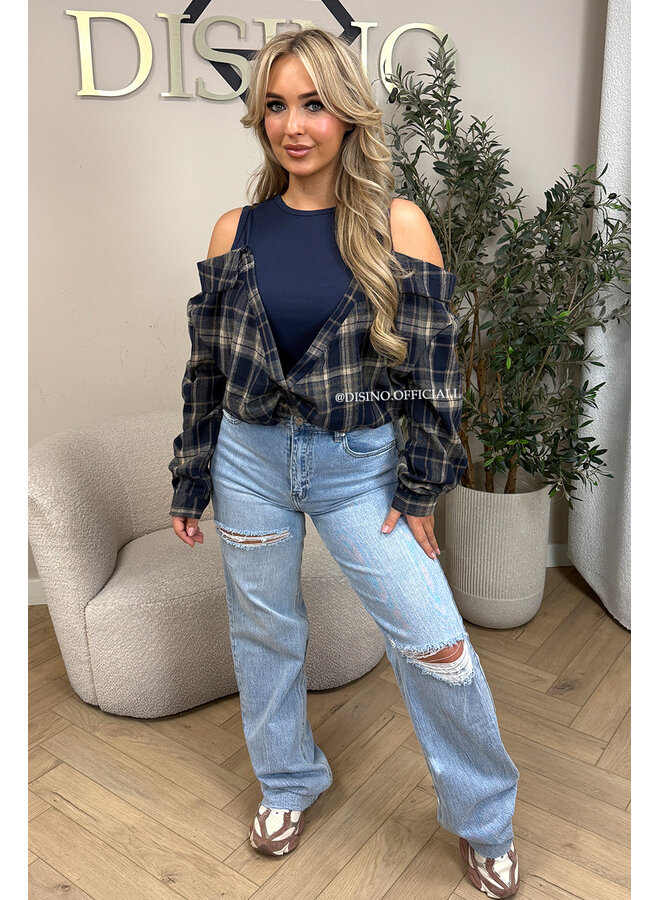 NAVY BLUE – ‘DEVYN TOP’ – CHECKED COLD SHOULDER TOP