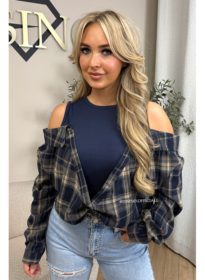 NAVY BLUE – ‘DEVYN TOP’ – CHECKED COLD SHOULDER TOP