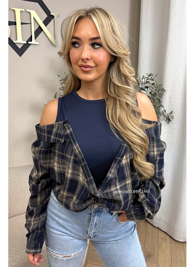 NAVY BLUE – ‘DEVYN TOP’ – CHECKED COLD SHOULDER TOP