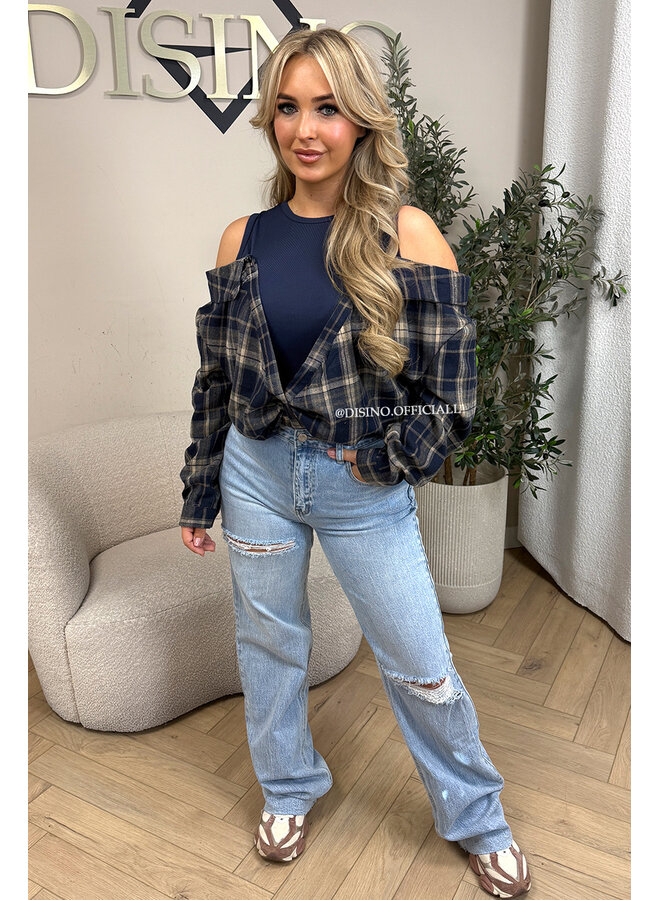 NAVY BLUE – ‘DEVYN TOP’ – CHECKED COLD SHOULDER TOP