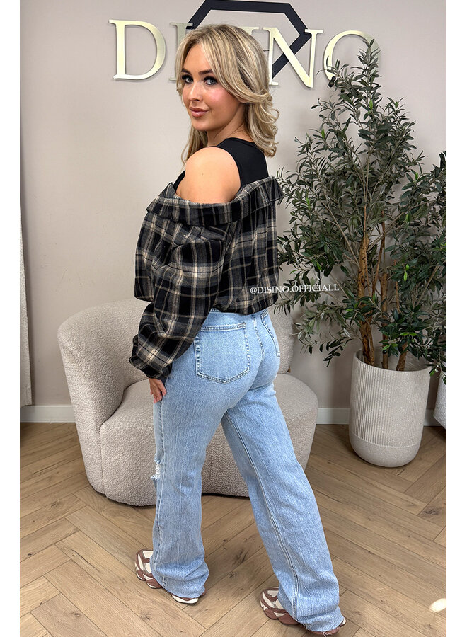 BLACK – ‘DEVYN TOP’ – CHECKED COLD SHOULDER TOP