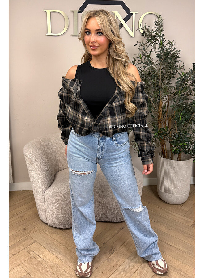 BLACK – ‘DEVYN TOP’ – CHECKED COLD SHOULDER TOP