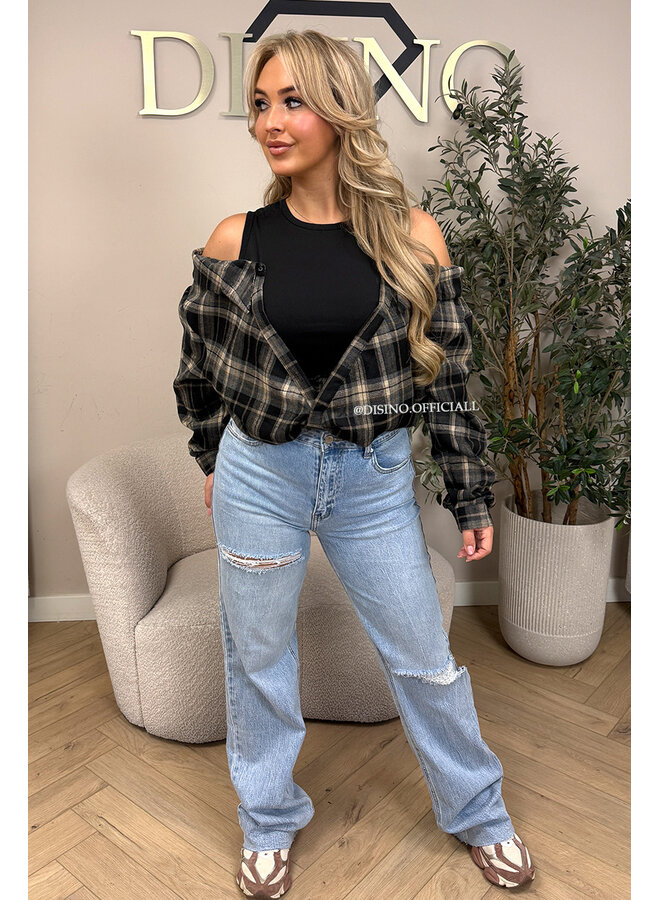 BLACK – ‘DEVYN TOP’ – CHECKED COLD SHOULDER TOP