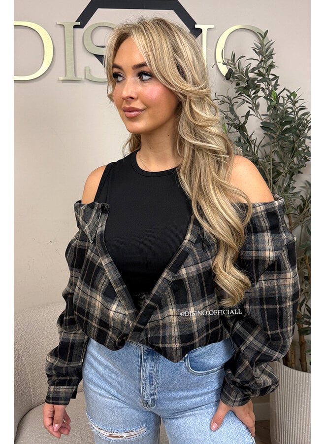BLACK – ‘DEVYN TOP’ – CHECKED COLD SHOULDER TOP