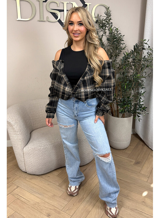 BLACK – ‘DEVYN TOP’ – CHECKED COLD SHOULDER TOP