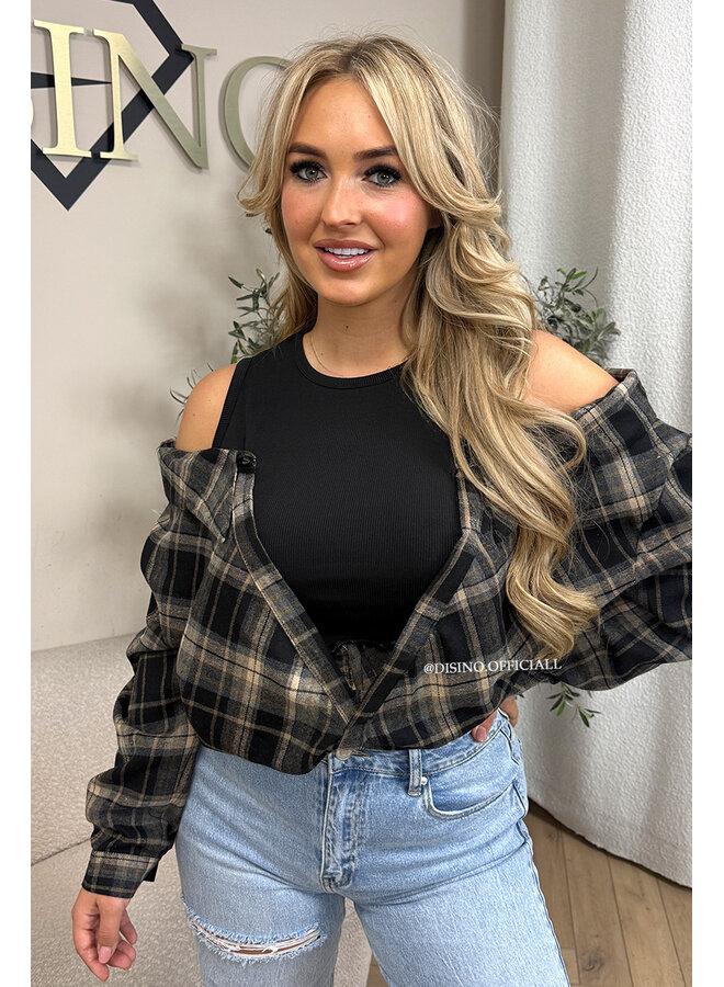 BLACK – ‘DEVYN TOP’ – CHECKED COLD SHOULDER TOP
