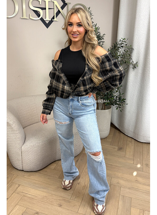 BLACK – ‘DEVYN TOP’ – CHECKED COLD SHOULDER TOP