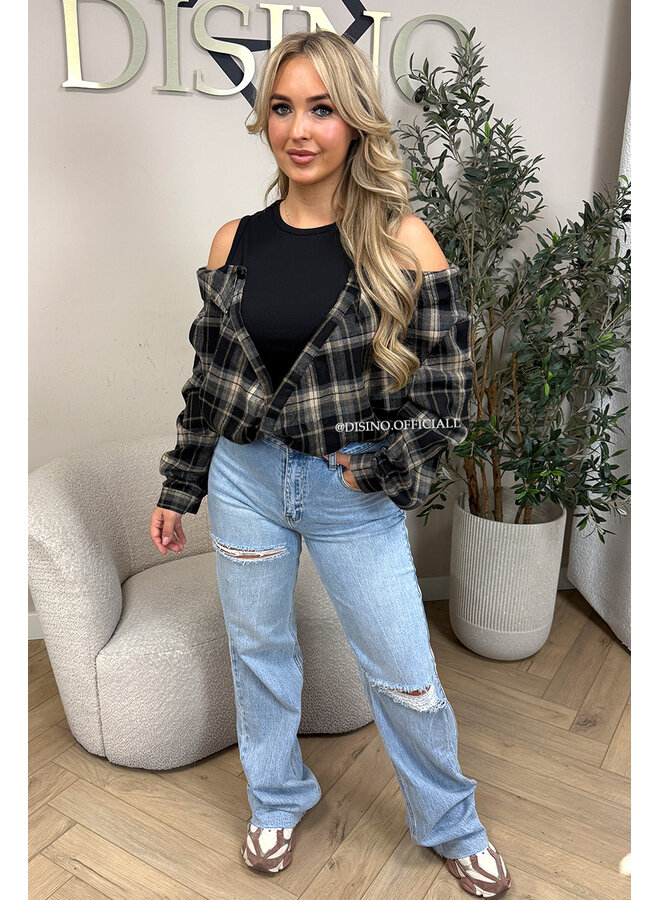 BLACK – ‘DEVYN TOP’ – CHECKED COLD SHOULDER TOP