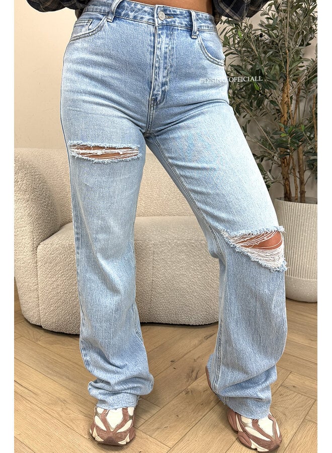 LIGHT BLUE - 'DISINO JEANS' - STRETCH EXTRA LONG RIPPED KNEE WIDE LEG JEANS
