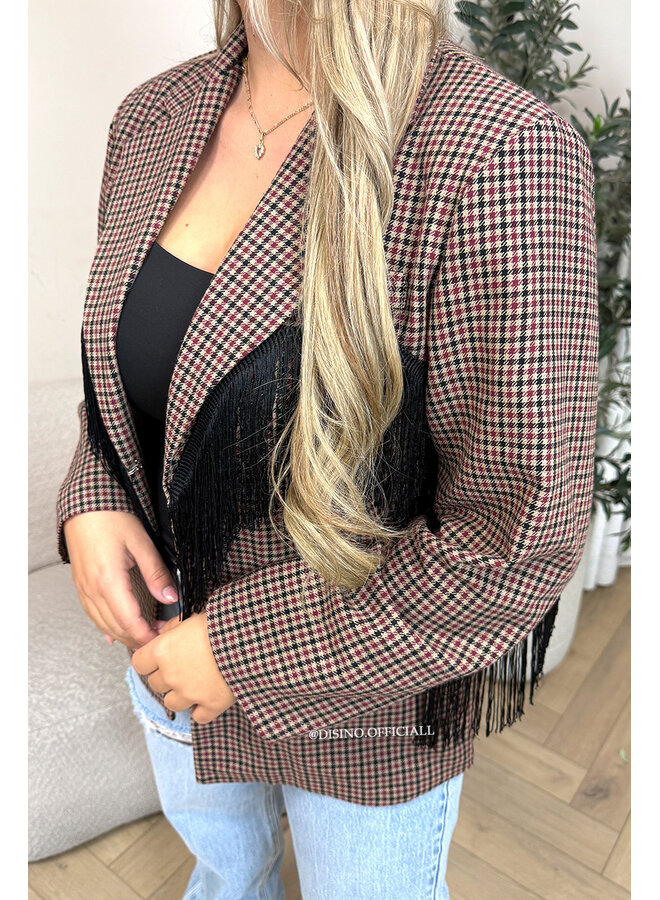 BURGUNDY - 'RAE BLAZER' - CHECKED FRINGE FLANEL BLAZER