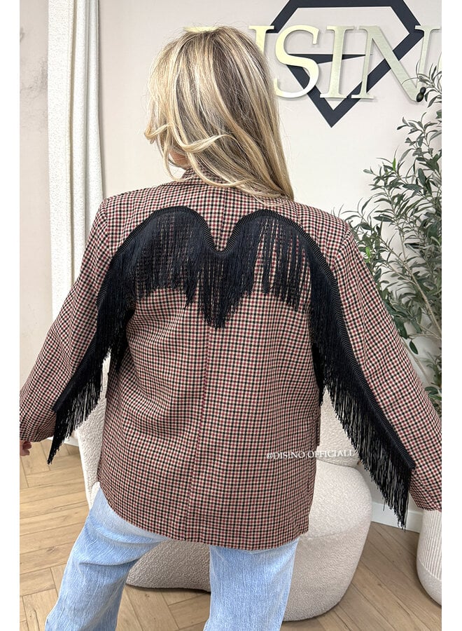 BURGUNDY - 'RAE BLAZER' - CHECKED FRINGE FLANEL BLAZER