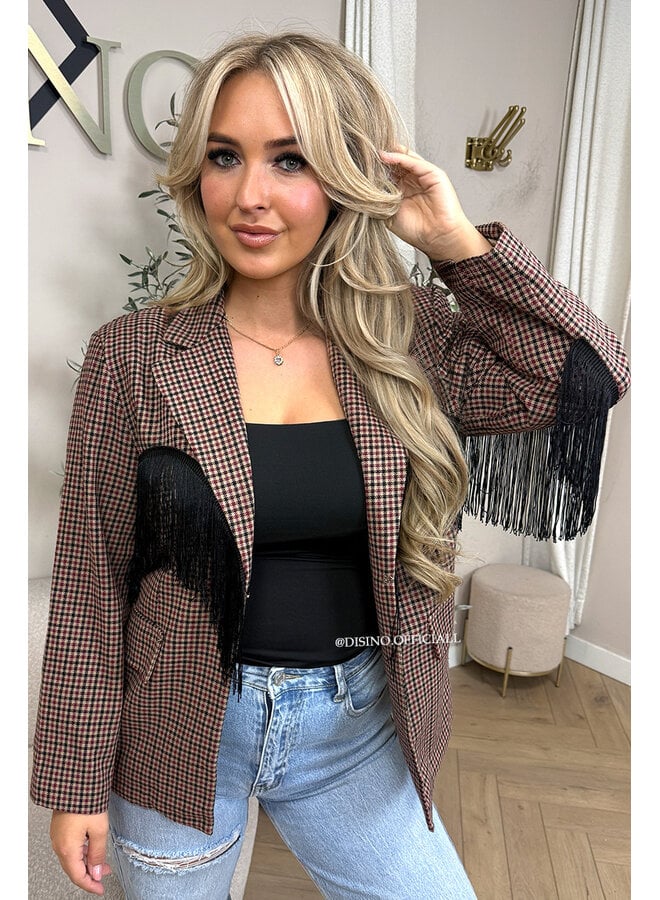 BURGUNDY - 'RAE BLAZER' - CHECKED FRINGE FLANEL BLAZER