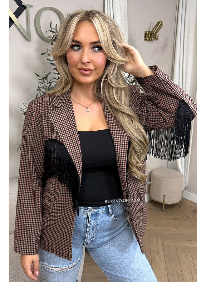 BURGUNDY - 'RAE BLAZER' - CHECKED FRINGE FLANEL BLAZER