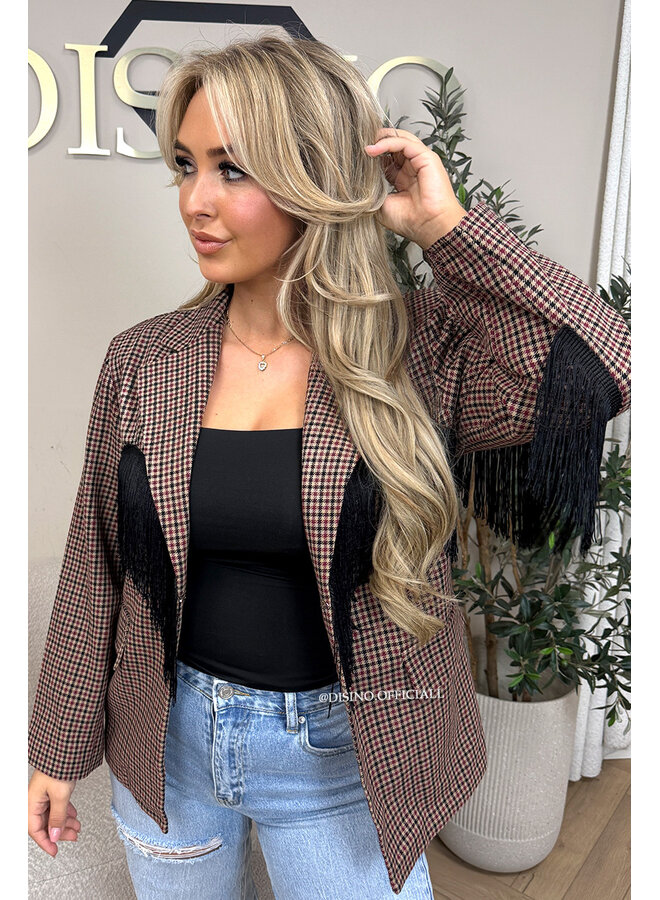 BURGUNDY - 'RAE BLAZER' - CHECKED FRINGE FLANEL BLAZER