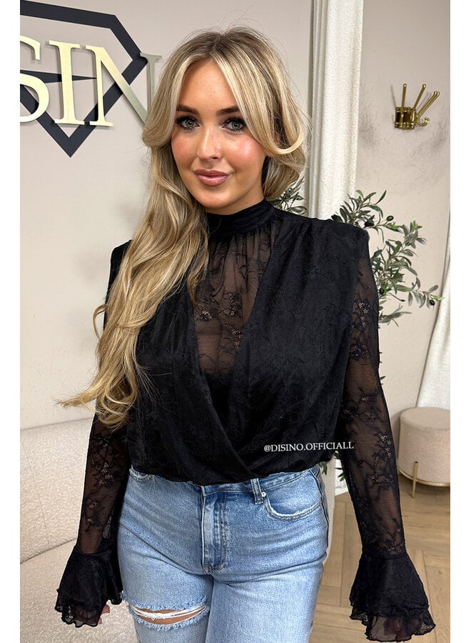 BLACK – ‘ALTHEA TOP’ – HIGH NECK LACE FLARED SLEEVE TOP