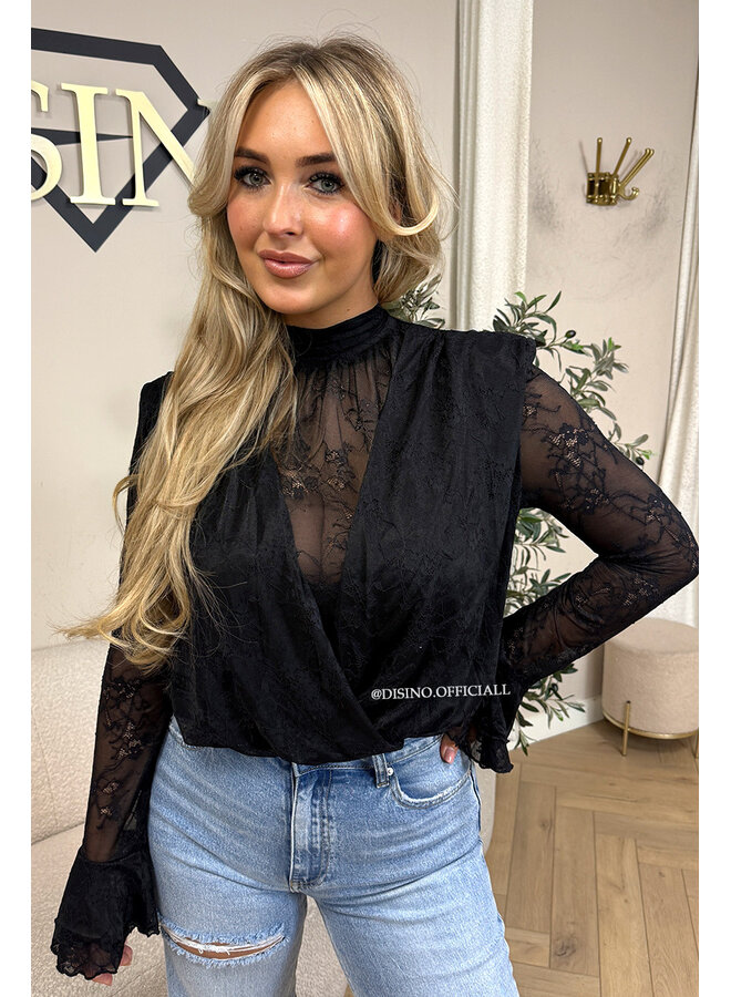 BLACK – ‘ALTHEA TOP’ – HIGH NECK LACE FLARED SLEEVE TOP