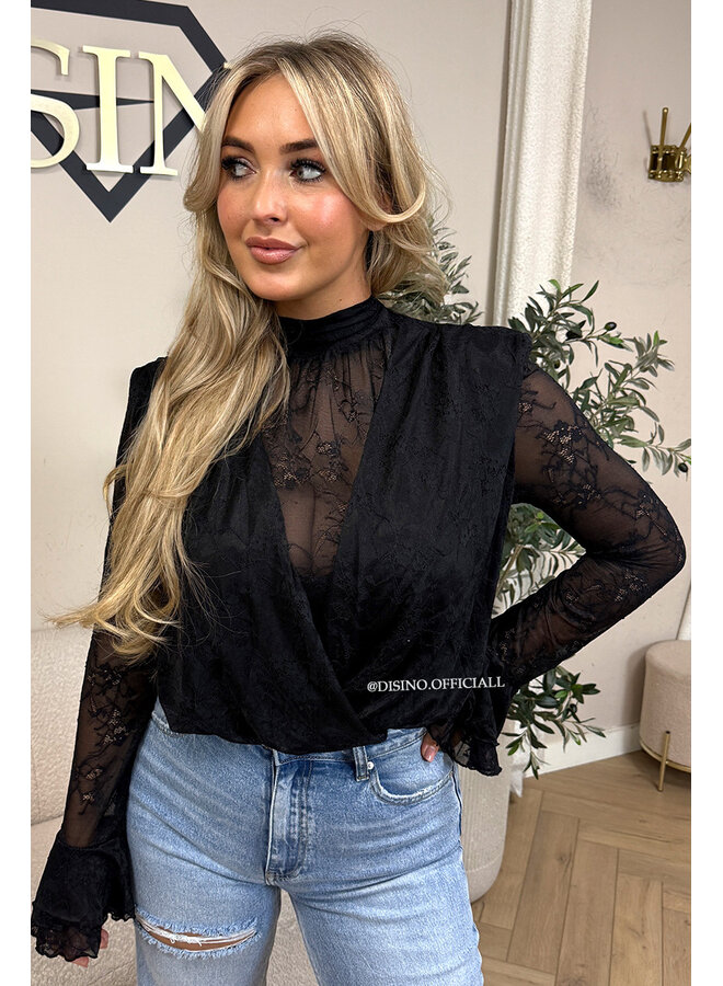 BLACK – ‘ALTHEA TOP’ – HIGH NECK LACE FLARED SLEEVE TOP