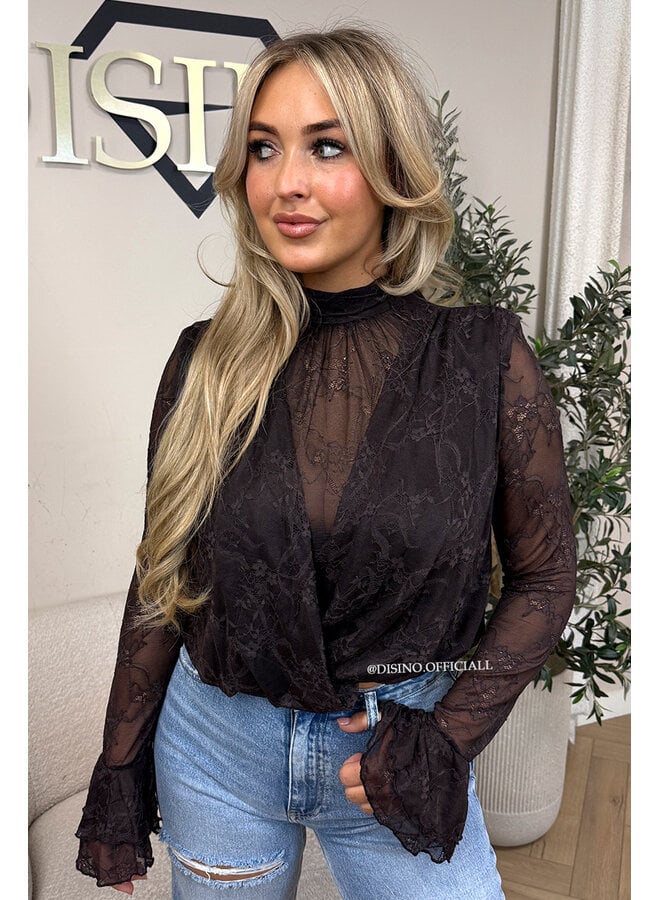 CHOCO – ‘ALTHEA TOP’ – HIGH NECK LACE FLARED SLEEVE TOP