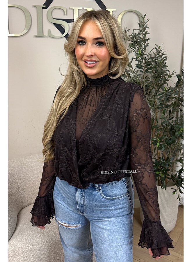 CHOCO – ‘ALTHEA TOP’ – HIGH NECK LACE FLARED SLEEVE TOP