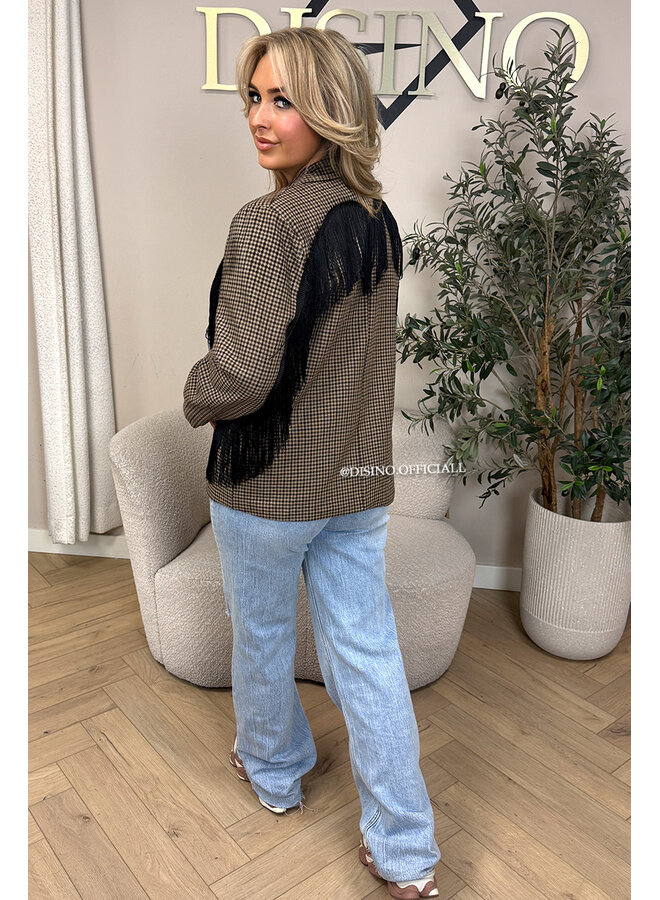 CHOCO - 'RAE BLAZER' - CHECKED FRINGE FLANEL BLAZER